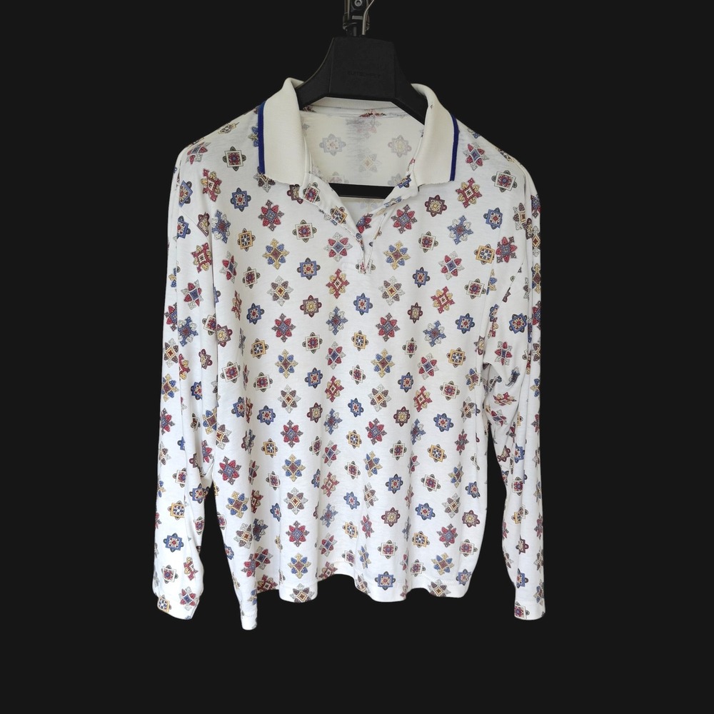80's Yachting Old Money Medallion Print Long Sleeve Polo Shirt Distressed